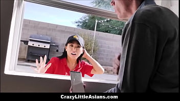 Hot Y. Asian Teen Pizza Driver Stuck In Window Threesome With Horny White Boys