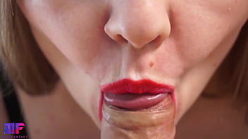 Gentle Blowjob With Red Lips Close Up, Big Cumshot